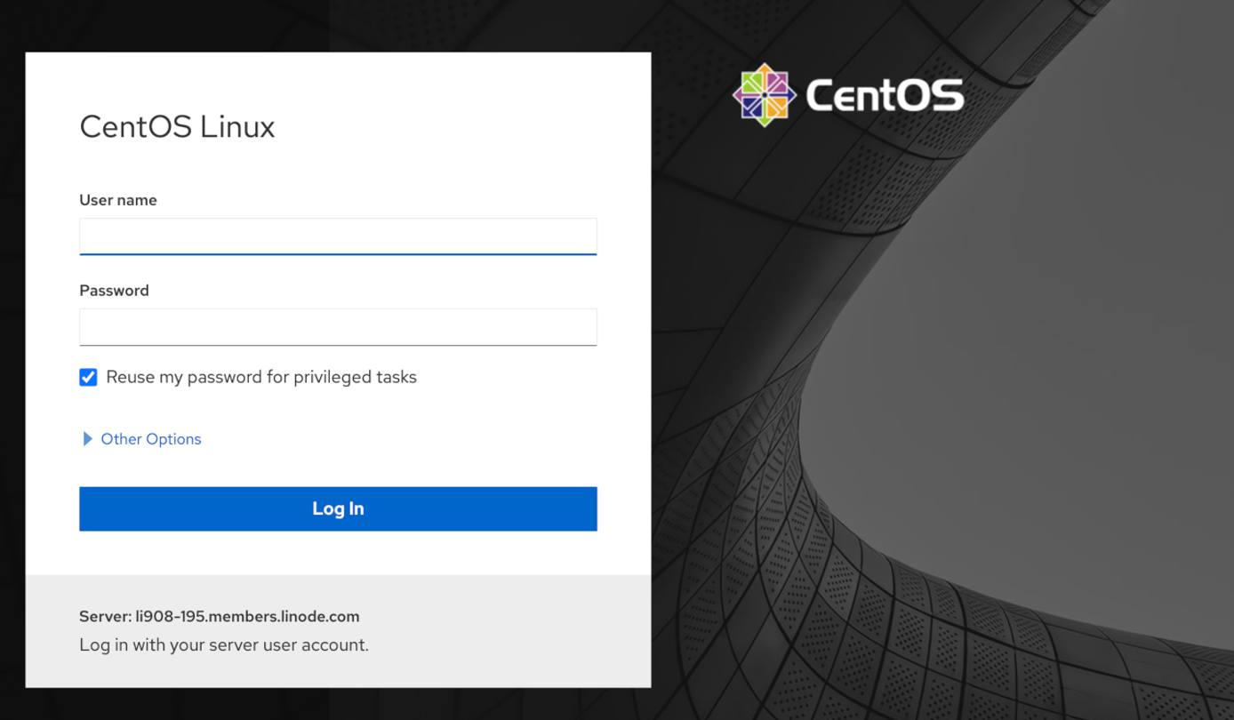 CentOS Cockpit Login Screen