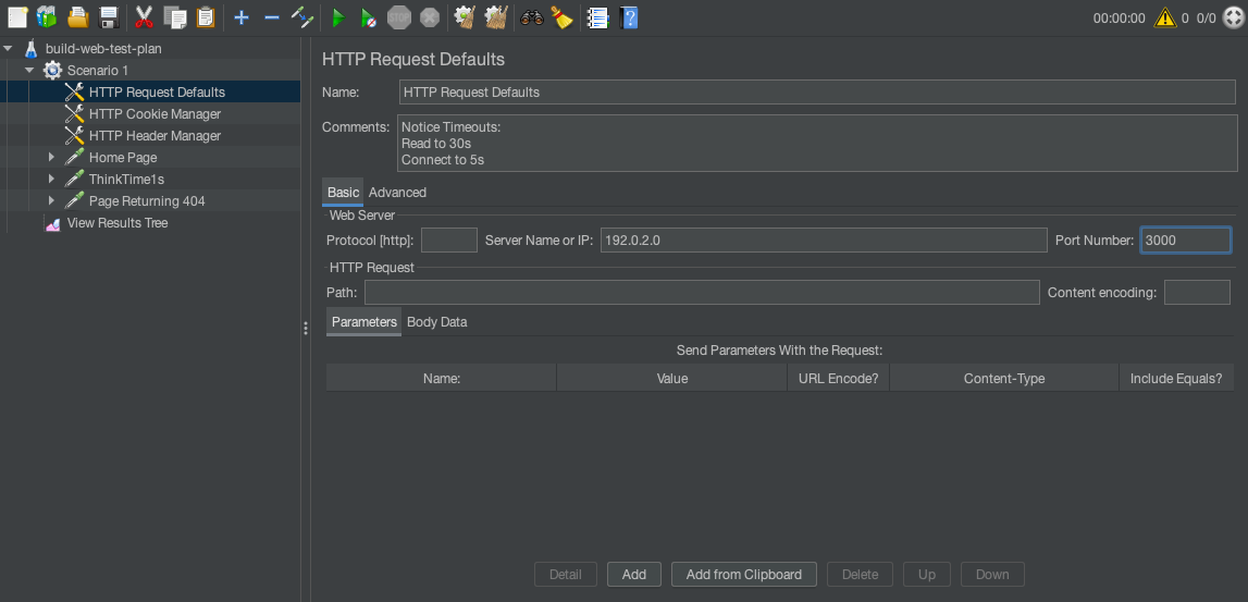 Adjusting the HTTP request defaults for a JMeter test plan.