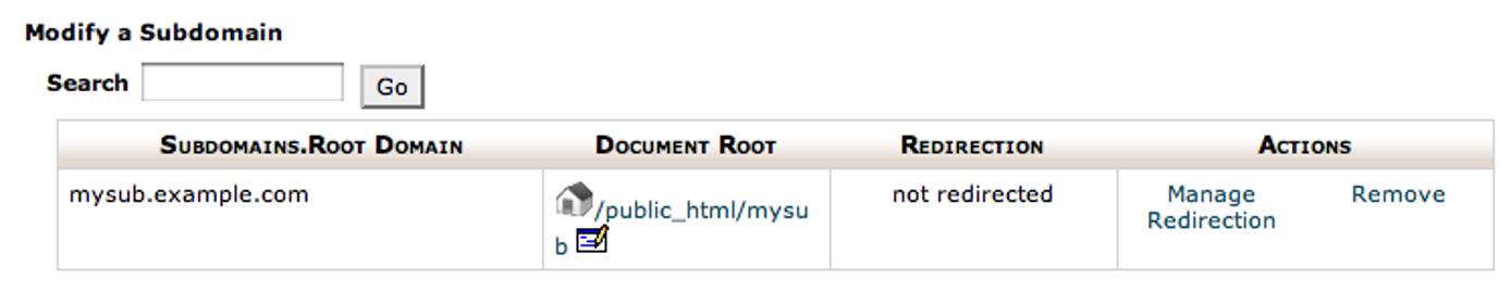 cPanel subdomain screen.